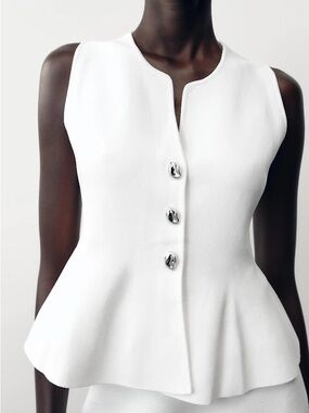 NWT Zara Stretchy Peplum Top with Sculptural Silver Buttons S